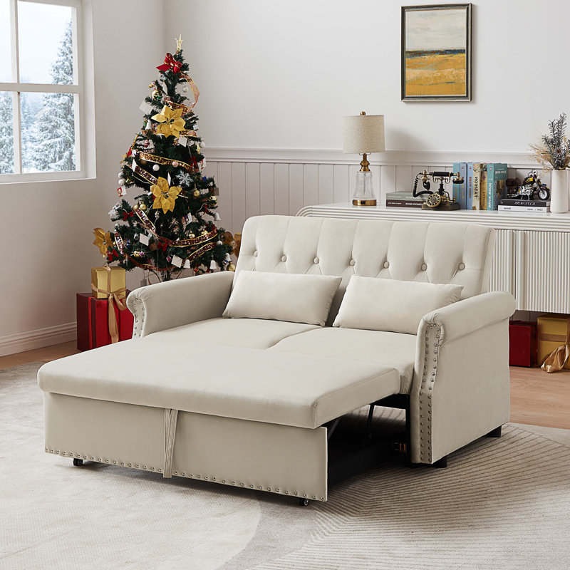 Canapé-lit en velours de 55 po Kyoinom, Velours beige