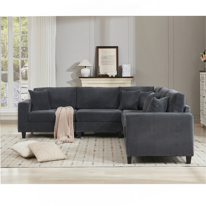 Ensemble de canapé modulaire surdimensionné surdimensionné, canapé en L, velours côtelé, rembourré, assise profonde, 5 places, 5 coussins décoratifs et 6 coussins de dossier, salon, appartement, gris