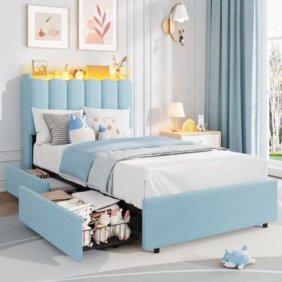 Twin XL Size Bed Frame with Storage Headboard, Kids Bed Frame with 2 Drawers