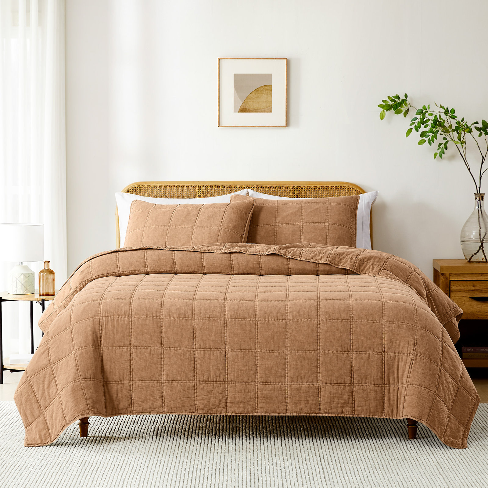 Logan Stone Washed Cotton Quilt Set, Queen Quilt + 2 Standard Shams, Brown