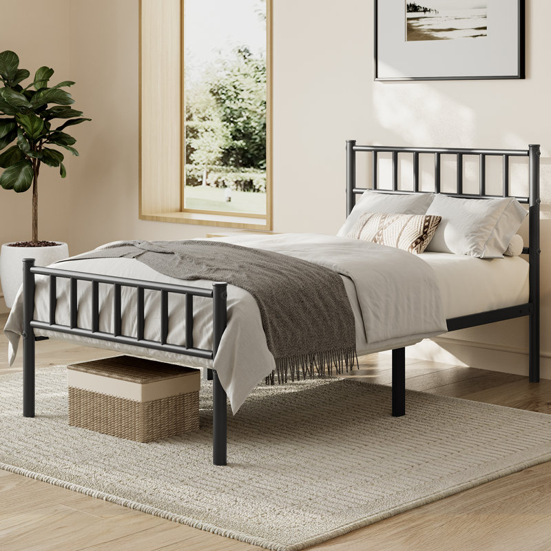 Minimalist Metal Bed Frame with Slatted Headboard, Single (3'), Black