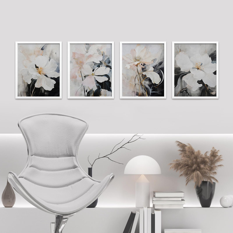 «Elegant Magnolia Watercolor Soft Floral», impression encadrée sur papier, 4 pièces, Blanc, H 10 po x l 8 po