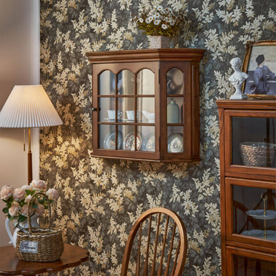 35.83" Vintage Oak Solid Wood Wall Mounted Cabinet, Glass Hanging Cabinet, Dining Side Coffee Cup Display & Storage Unit