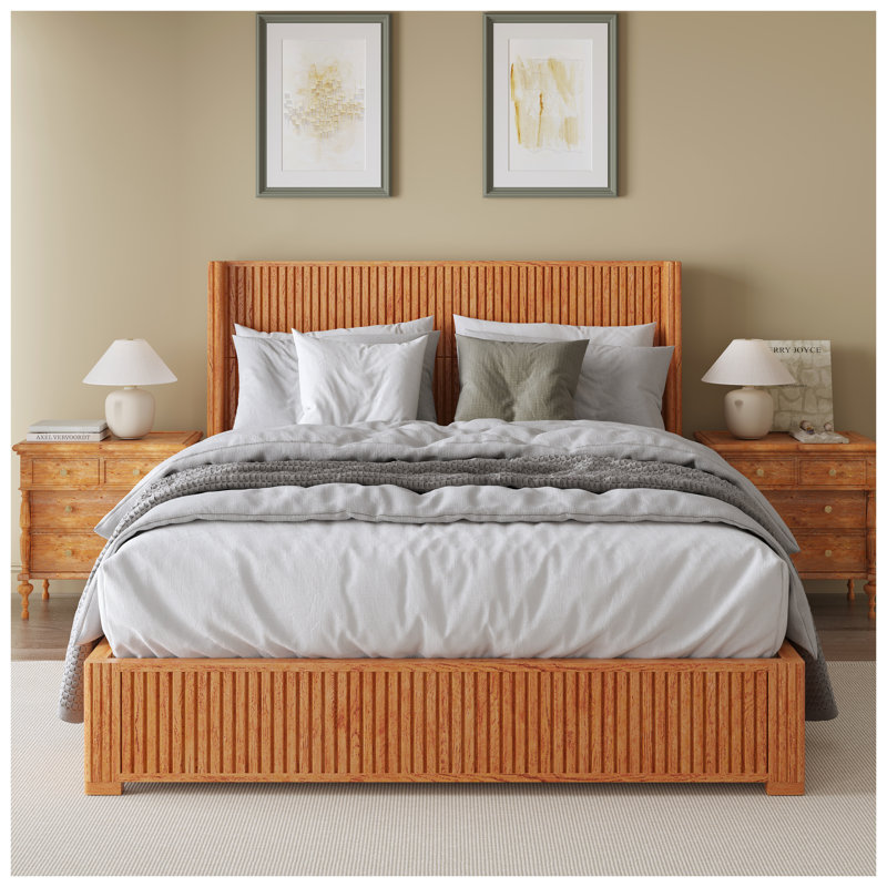 Base de lit plateforme en bois massif naturel avec tête de lit à lattes verticale - grand lit sur pied, aucun sommier requis