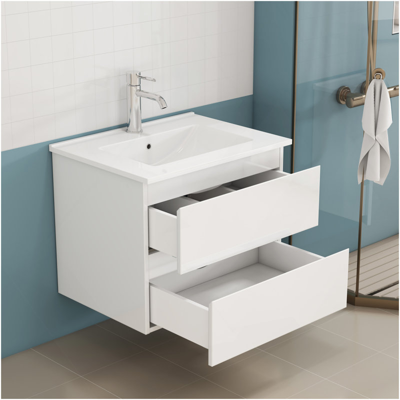 Ensemble de meuble-lavabo avec lavabo, armoire avec 2 grands tiroirs, système de fermeture en douceur, 2 grands tiroirs, conception sans poignée, assemblage facile, blanc brillant