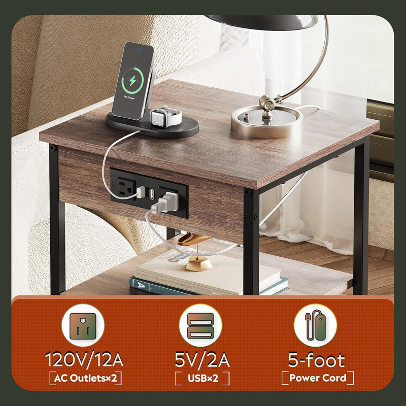 3-Tier Side Table with Storage, Brown