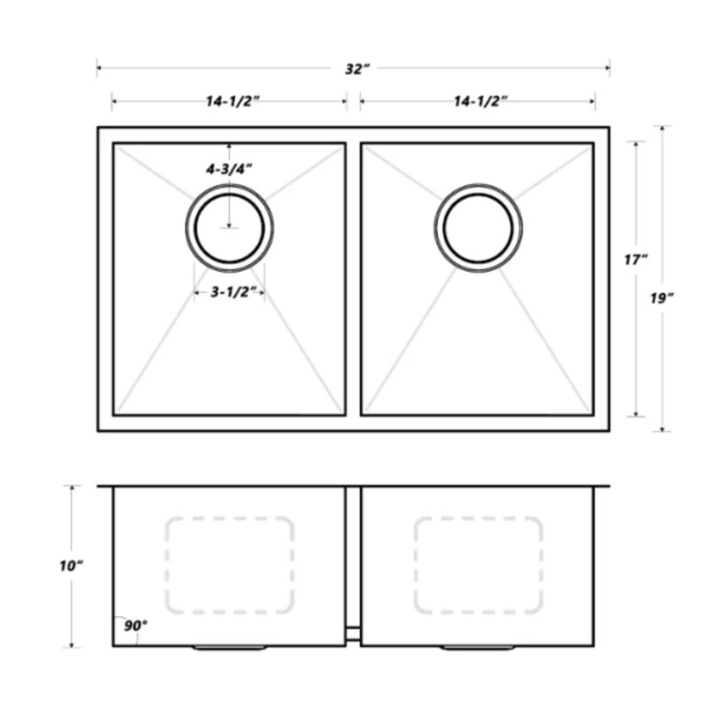 Undermount Stainless Steel Kitchen Sink 90 Degree Zero Radius with Bottom Grid and Strainer, 10" H x 32" W x 19" D