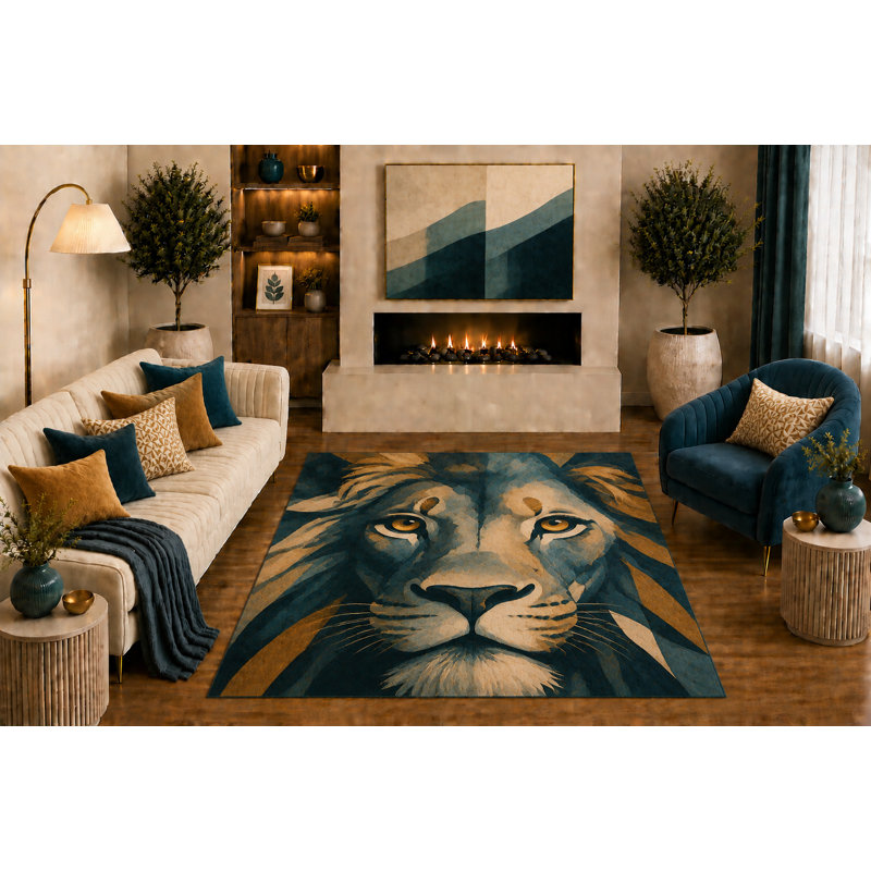 Tapis « Ultra Léger » 152 x 213 cm, motif lion, art animalier géométrique moderne, bleu sarcelle, or et beige, idéal pour le salon, la chambre, le bureau ou un chalet. Dos en silicone antidérapant, poils courts.