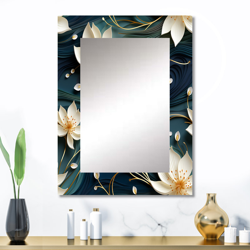 Patmar blanc et doré, lotus zen tranquille - miroir décoratif botanique, miroir mural bohème, impression d'art en métal