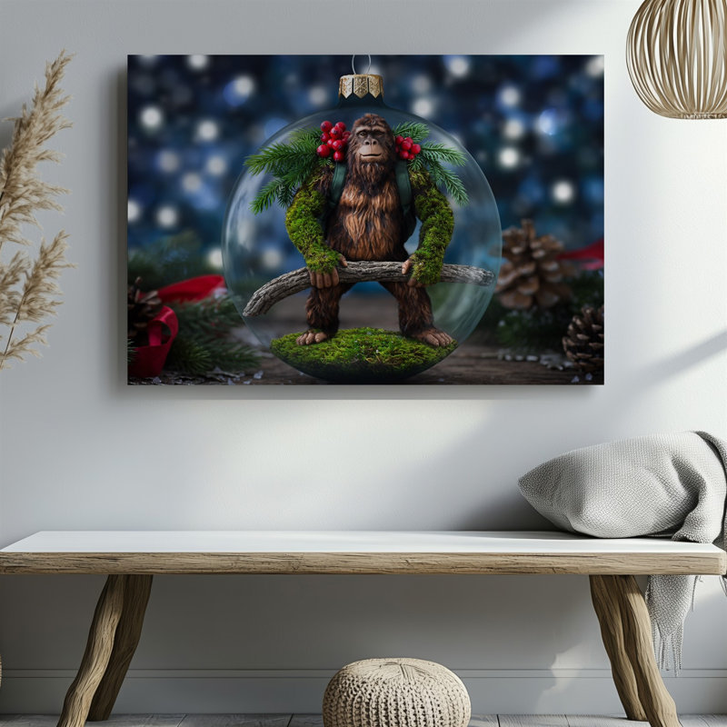 Toile, ornement fantaisiste représentant une figure de Bigfoot couverte de mousse, art mural debout en toute confiance tout en tenant une branche robuste