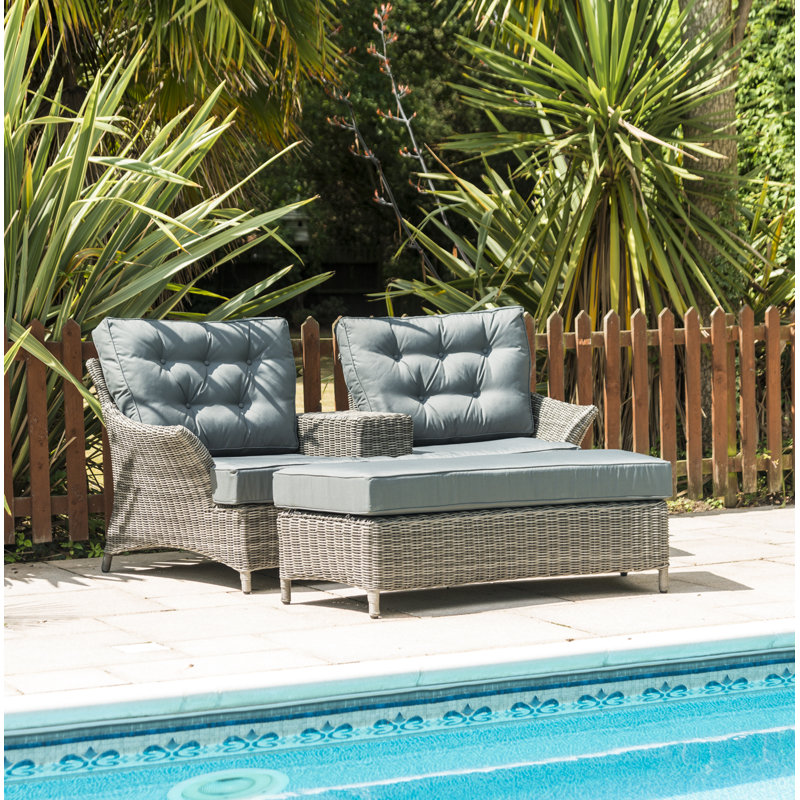 Raeburn 193cm Wide Wicker Loveseat with Cushions, Blue, Grey