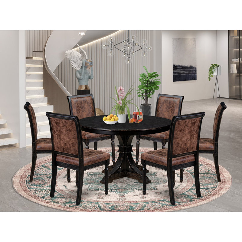 8312E4DB3D8D44D78B6DCFC9D656ED11 - Table ronde de cuisine 7 pièces et 6 chaises Parsons en polyester à haut dossier, noir sablé