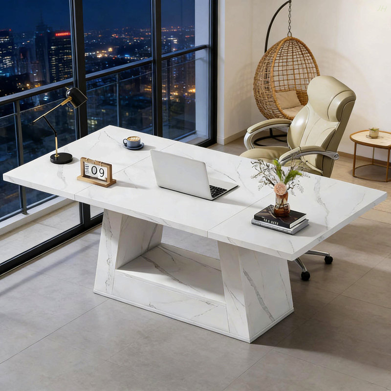 Bureau de direction spacieux, bureau d'ordinateur contemporain, bureau en faux marbre, table de salle à manger, Blanc
