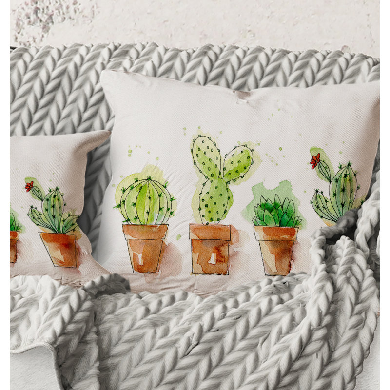 Carré, cactus dans des pots en céramique aux tons doux I - Coussin décoratif à imprimé traditionnel, 16" x 16"