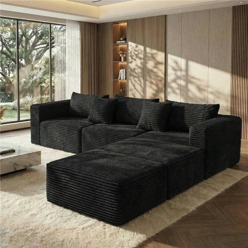 Black Corduroy Cloud Modular Sectional Sofa, Deep Seat Soft Frame Design, Configurable L and U Shape, No Assembly Required with 2 Ottomans for Living Room