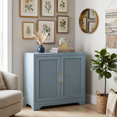 Armoire de rangement 2 portes, gris azur, style nervuré, design rétro moderne