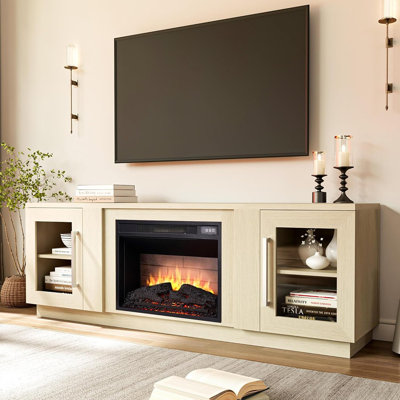Meuble télé avec foyer, console média en bois blanc antique avec foyer électrique, télécommande, porte de grange et tablettes de rangement pour téléviseur de 80 po ou moins