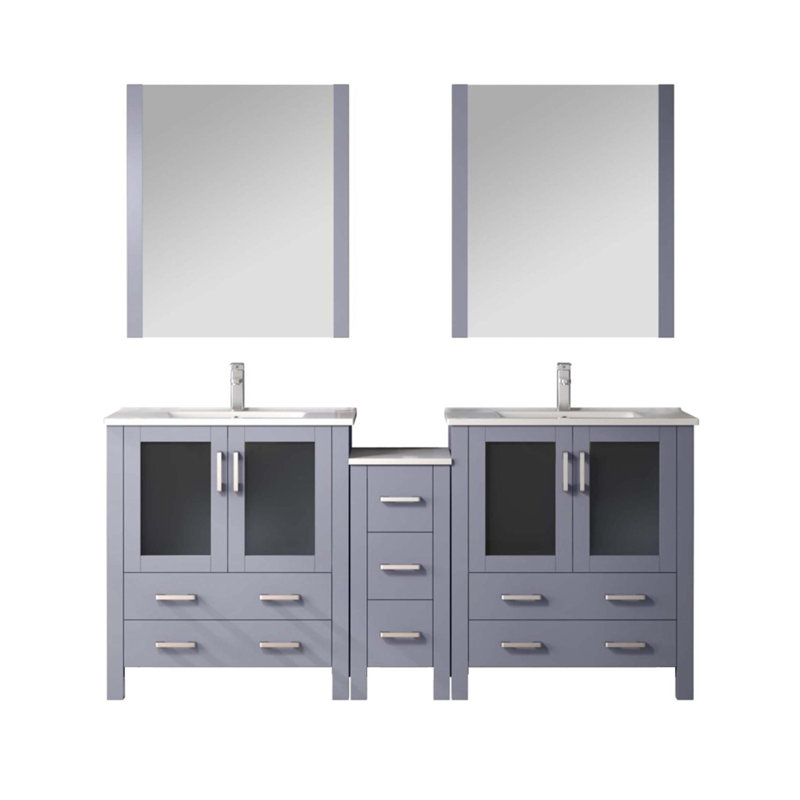 Meuble-lavabo double avec armoires latérales, ensemble de robinet, comptoir en céramique et miroirs