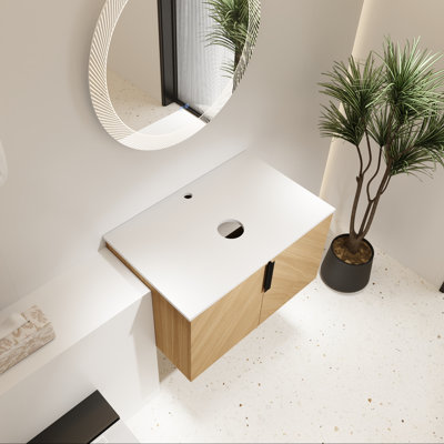 Base de meuble-lavabo mural avec dalle de pierre et deux portes à fermeture en douceur