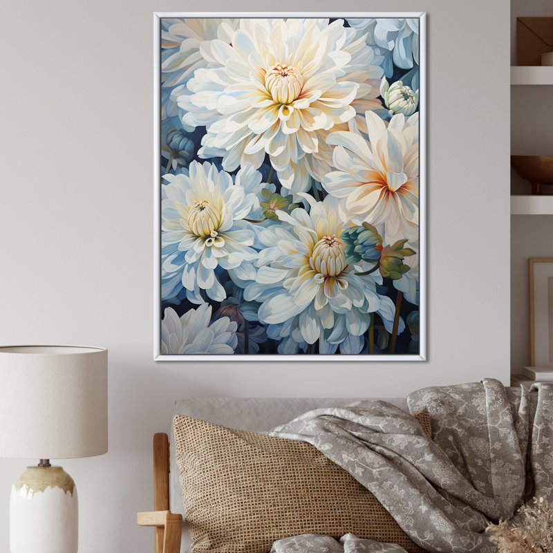 Minimalisme «Blooming Mums» en bleu et blanc V sur toile, H 32 po x l 24 po x P 1 po, Cadre flottant blanc
