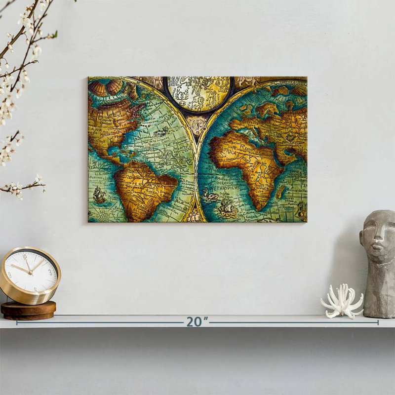 Carte du vieux monde sur toile, H 8 po x l 12 po x P 1 po