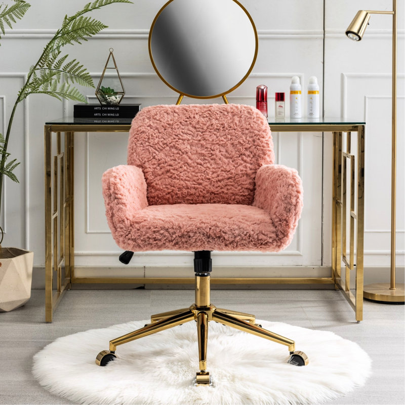 Chaise réglable rose à usage de bureau, base en métal doré, bureau avec zone d'étude ciblée et revêtement en tissu d'ameublement durable