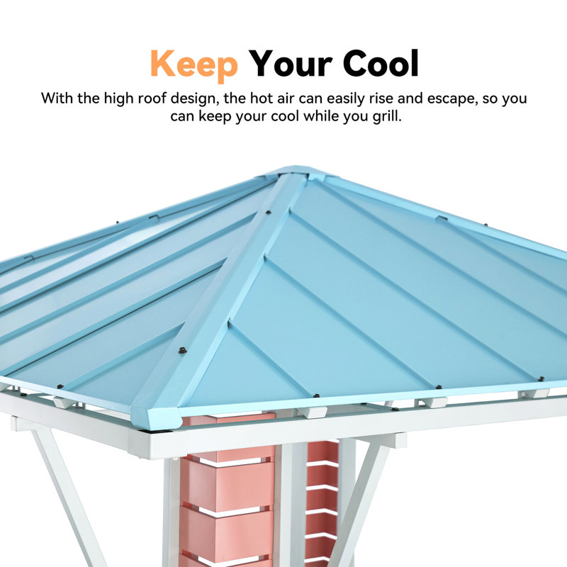 Hawaii 8'x8' Galvanized Steel Hardtop  Blue Pink Gazebo Pavilion with USB Charging Socket and BBQ Bar Table Shelf