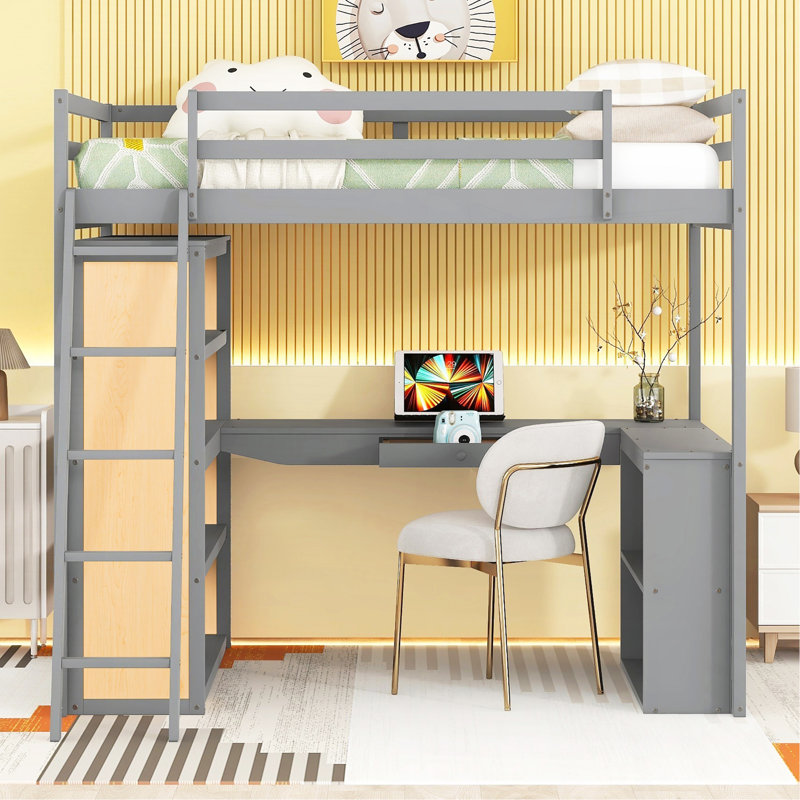 Full Size Loft Bed With Ladder, Shelves, And Desk, Gray, Gray, Full