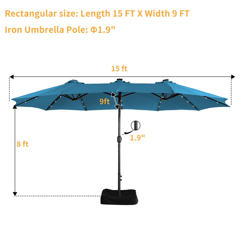 181.1'' x 106.3'' Rectangular Lighted Market Umbrella with Crank Lift , Counter Weights Included, Turquoise