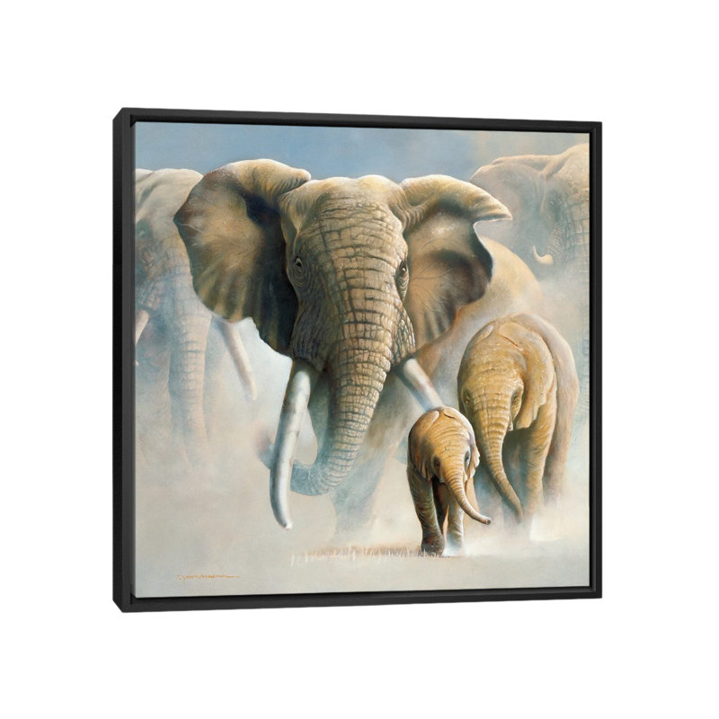 « running éléphants ii », impression sur toile, H 18 po x l 18 po x P 1,5 po, Toile avec cadre noir, Pas de tapis