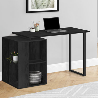 Bureau d'ordinateur contemporain avec tablettes de rangement flexibles, stratifié noir et métal, idéal pour le bureau personnel et le travail