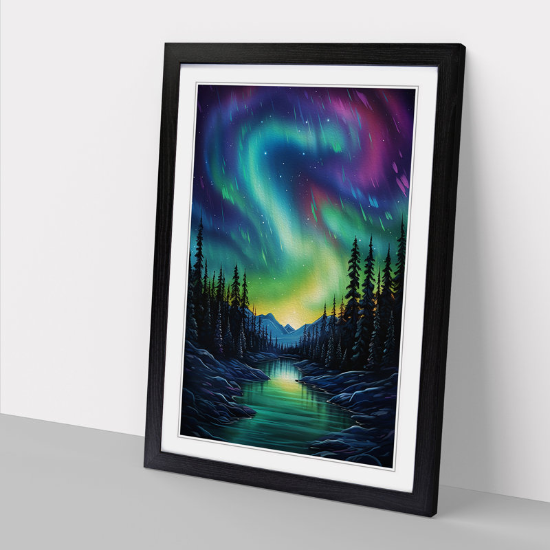 Northern Lights Modern - Single Picture Frame Print on Wood, 64cm H x 46cm W x 2cm D, Black