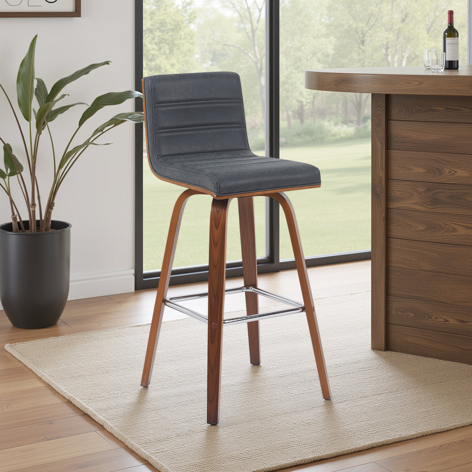 Biance Swivel Bar Stool, Bar Stool (30" Seat Height), Walnut, Black Performance Faux Leather