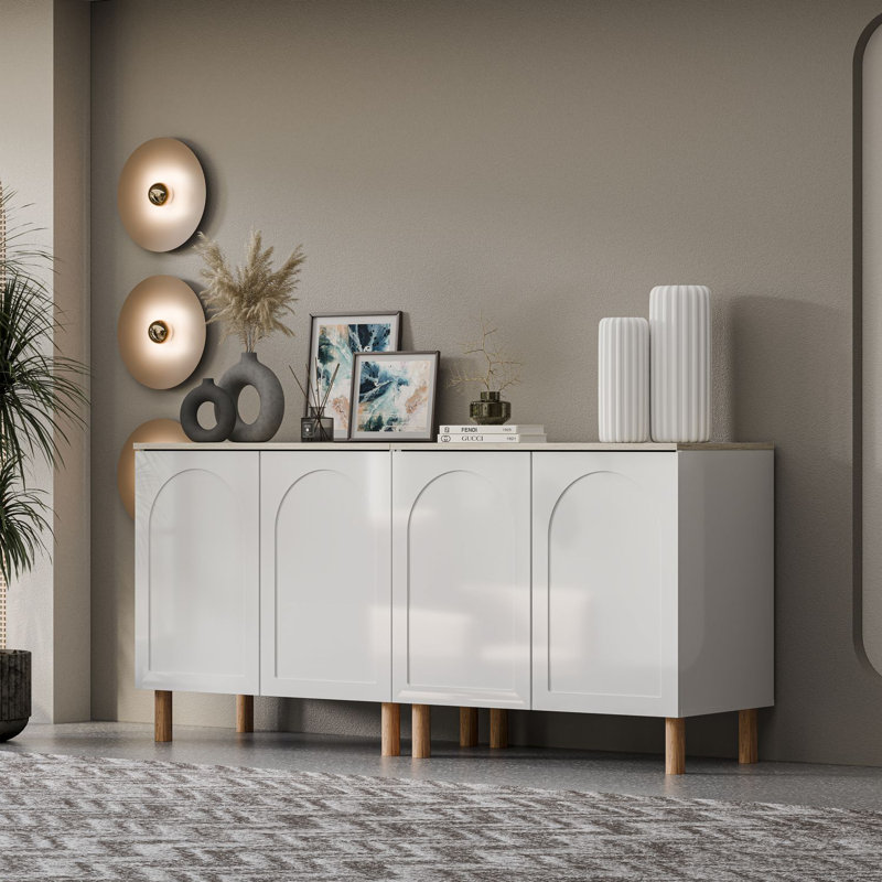 Buffet Bohem avec portes en panneau de fibres à densité moyenne, Blanc / Traverten, H 34 po x l 70 po x P 20 po