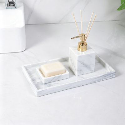 Bathroom Vanity Tray 11 Inch Ceramic Rectangle Countertop Organizer, Heavy-Duty Perfume Tray for Jewelry, Rings, Soap Dispenser, Marble White Stone-Like Finish for Bathroom, Kitchen, Dresser