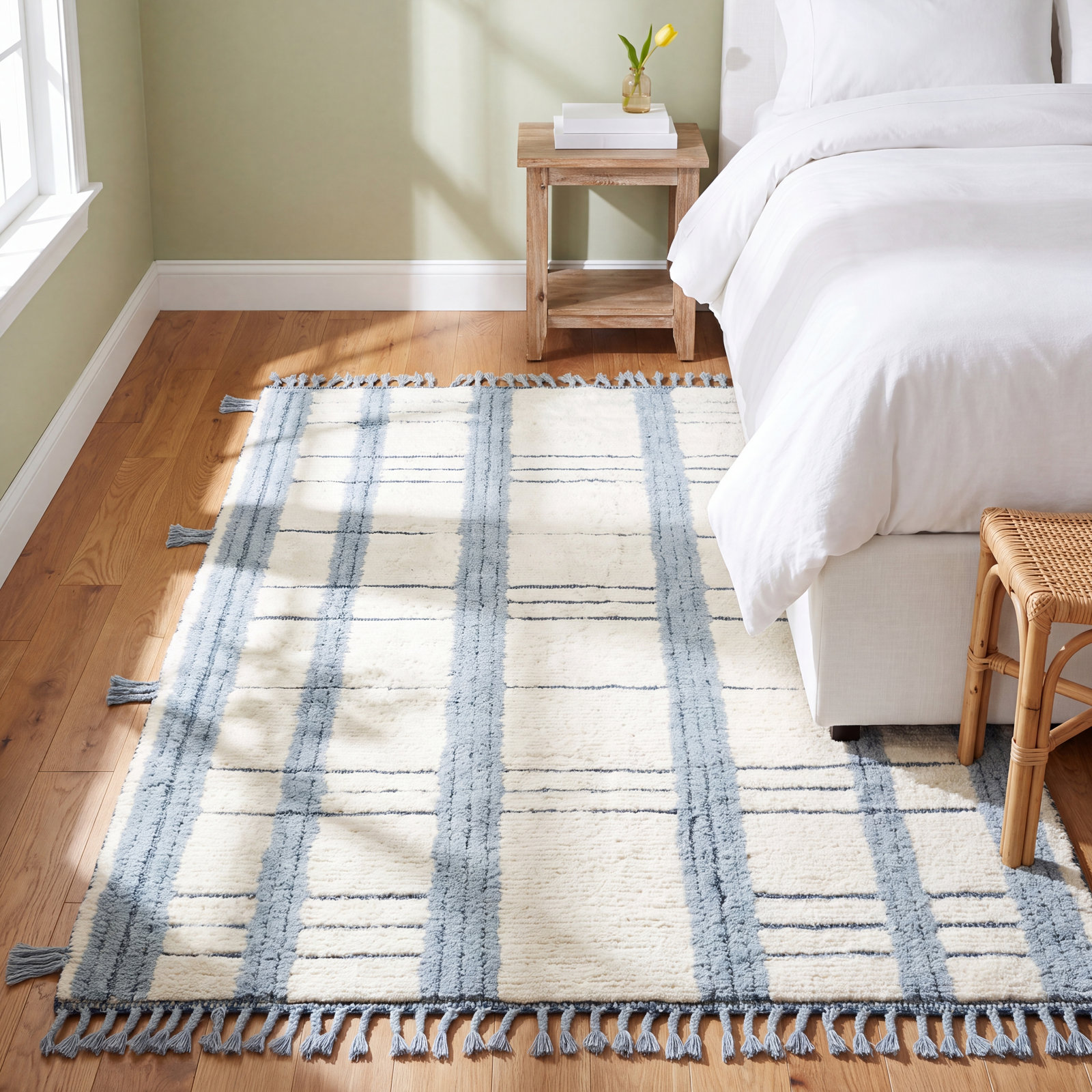 Tory Pewter Blue Hand-Knotted Plaid Wool Rug, Rectangle 8'6" x 11'6"