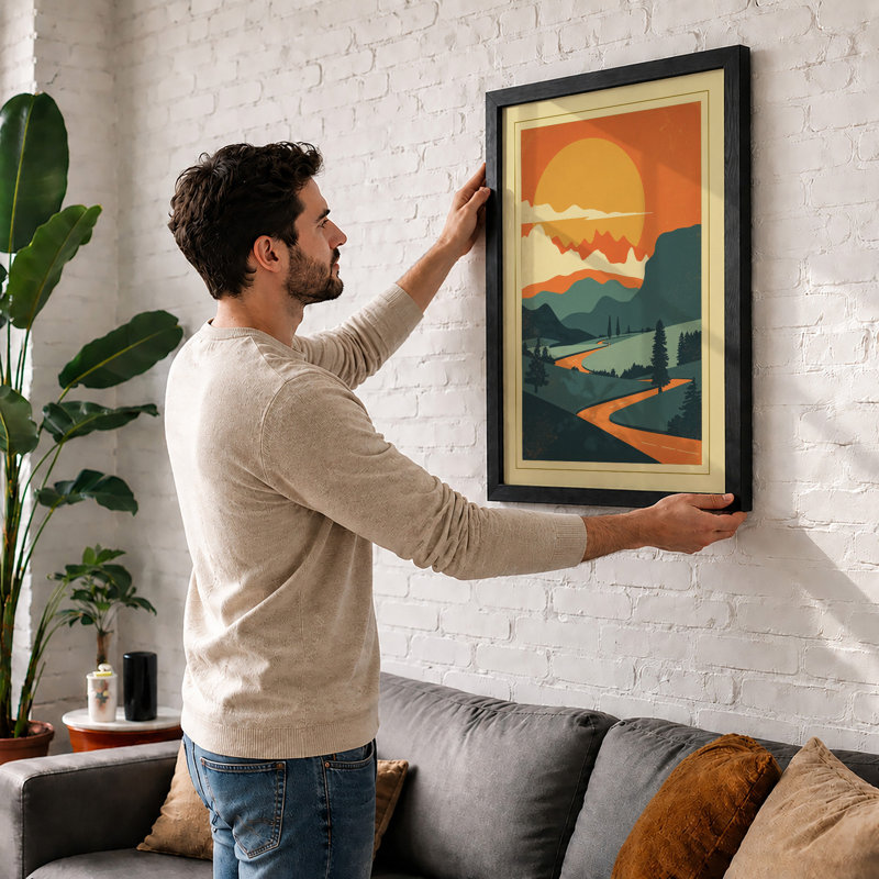 Sunset Over Mountain Retro - Framed Print, Walnut, A1 - 84.1 x 59.4 cm
