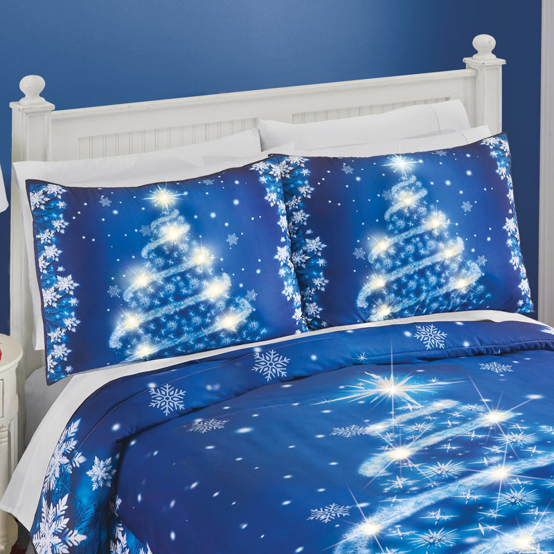 Blue Polyester LED Lighted Christmas Tree Pillow Shams