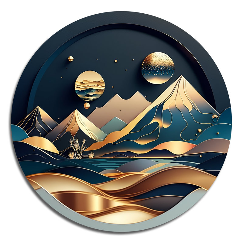 Dreamy Golden Mountain I - Abstract Marble Round Wall Art on Metal, 29" H x 29" W x 1" D