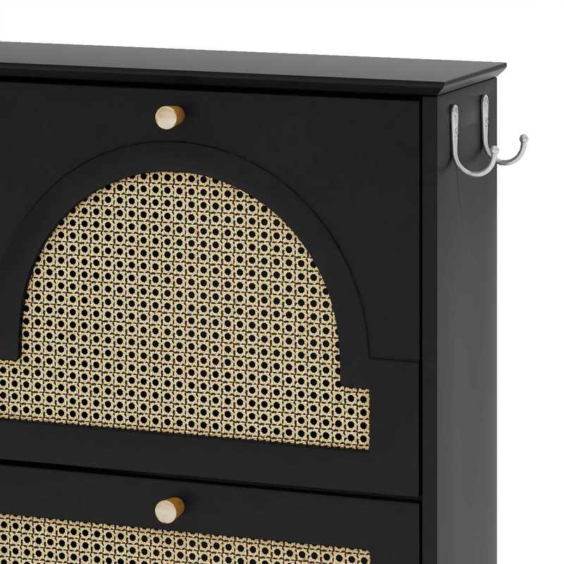 Armoire à chaussures étroite Mid-Century moderne avec 4 tiroirs rabattables et 4 portes en rotin, Noir