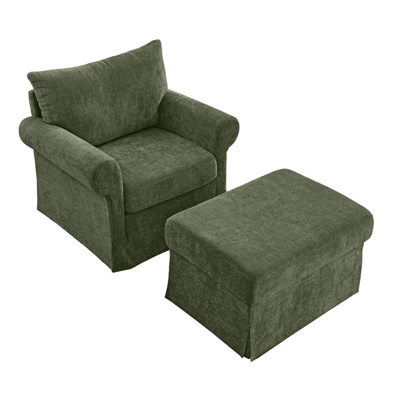 Chaise d'appoint 37,5 po avec repose-pieds, fauteuil rembourré moelleux en chenille, fauteuil simple élégant, Chenille+Green