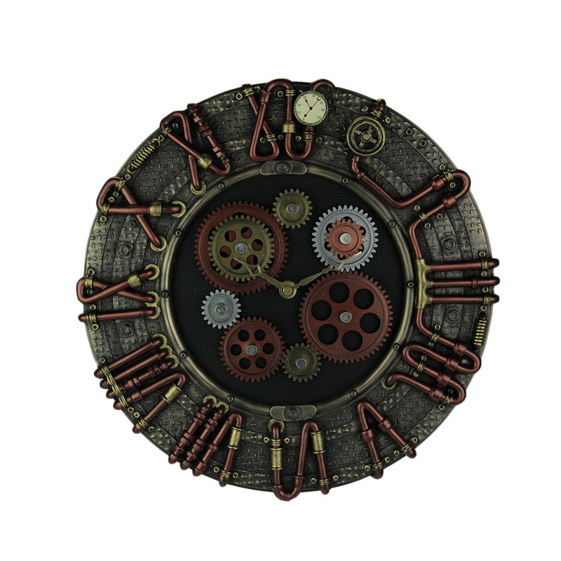 Horloge murale industrielle steampunk en résine coulée aspect laiton rouge-brun, diamètre 13,75 pouces