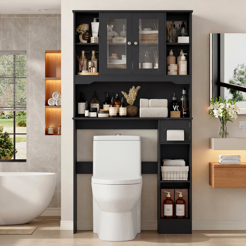 Over-Toilet Storage Cabinet, Bathroom Organizer With Adjustable Shelf & Built-In Tissue Holder, Black