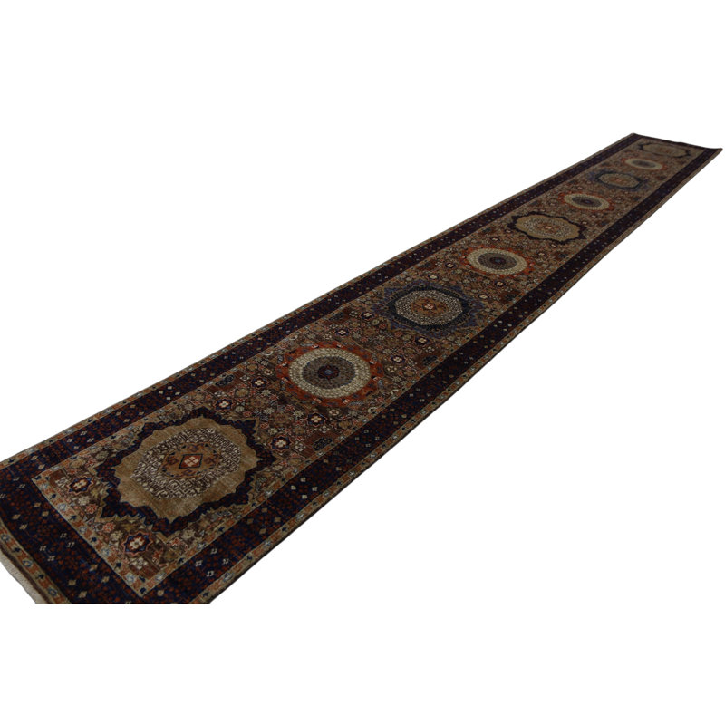Hand Knotted Wool Area Rug in Brown And Navy