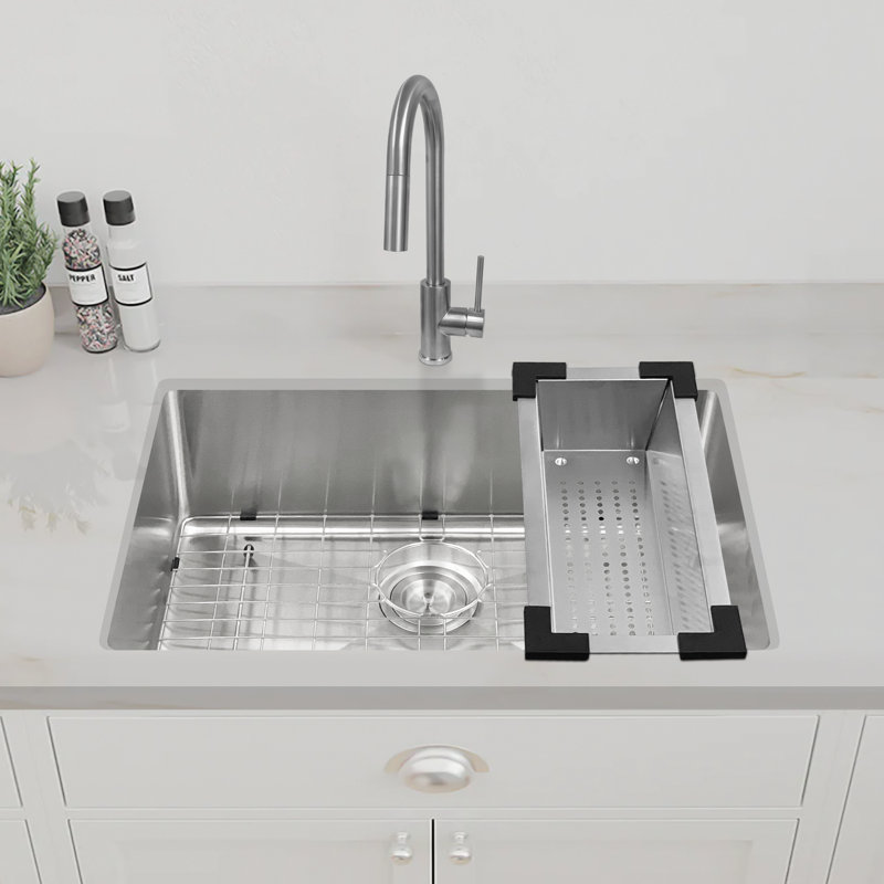 KBFmore Single Bowl Tight Radius Stainless Steel Kitchen Sink, 4 Pcs Sink Gadgets, 18-Gauge, 9" H x 30" W x 9" D