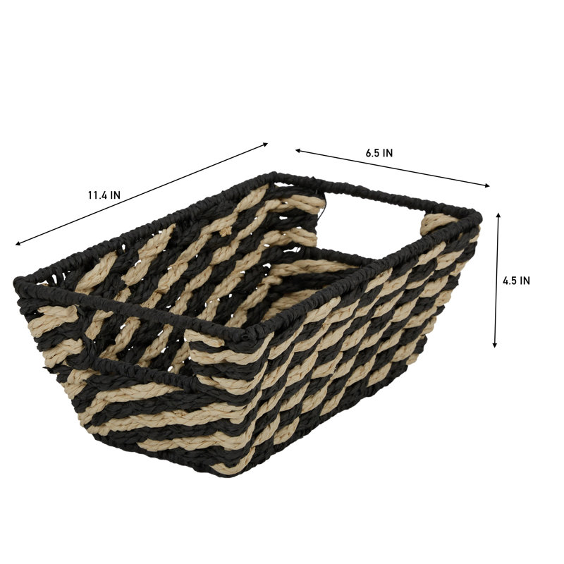  Small Striped Woven Basket In Black, Black, 4.5" H x 6.5" W x 11.4" D