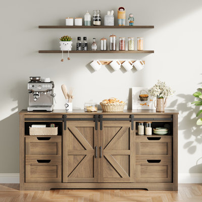 Farmhouse TV Stand for 70 Inch TVs, 66" Entertainment Center with Sliding Barn Doors, Adjustable Center Shelf