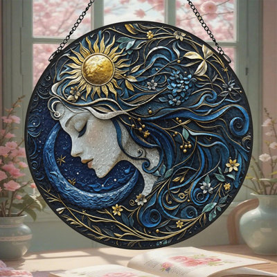 Woman Sun Moon Stained Glass Panels Suncatcher for Window Decor