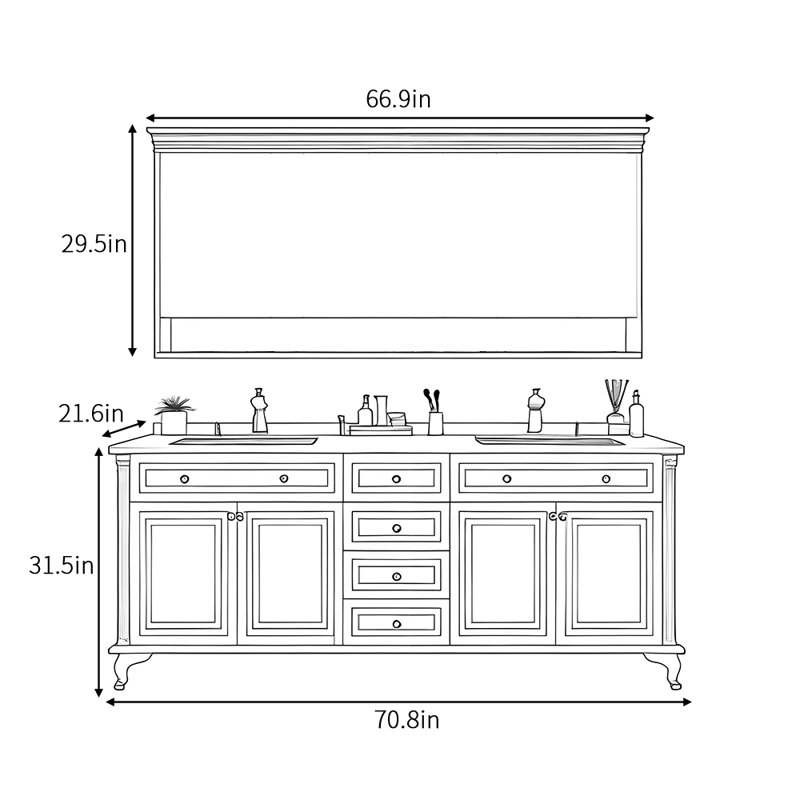 Armoire de salle de bain American Vintage, H 31,5 po x l 70,8 po x P 21,6 po