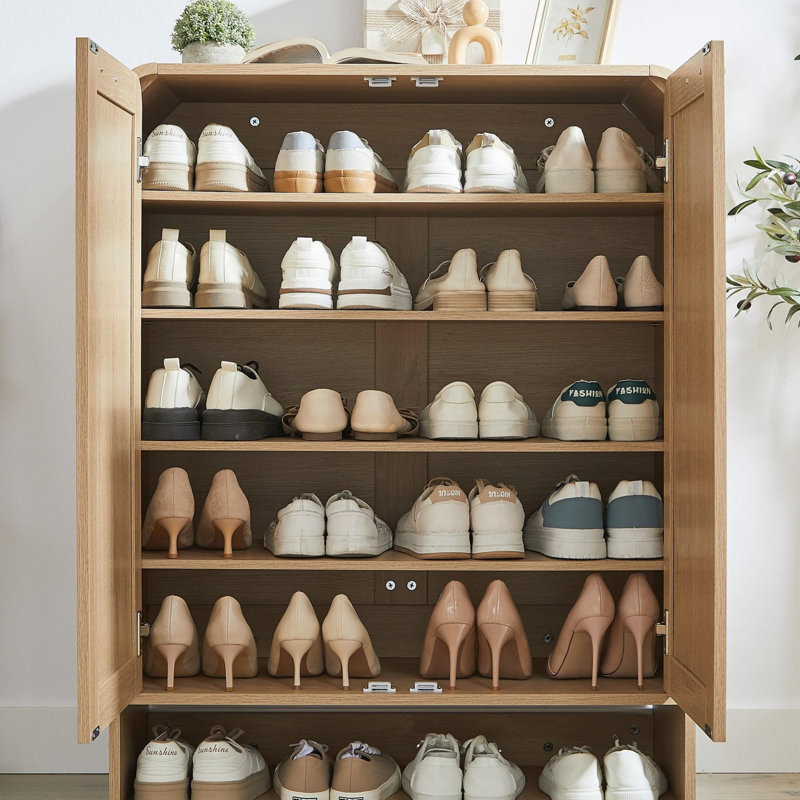 Rattan Shoe Cabinet with Doors, Oak